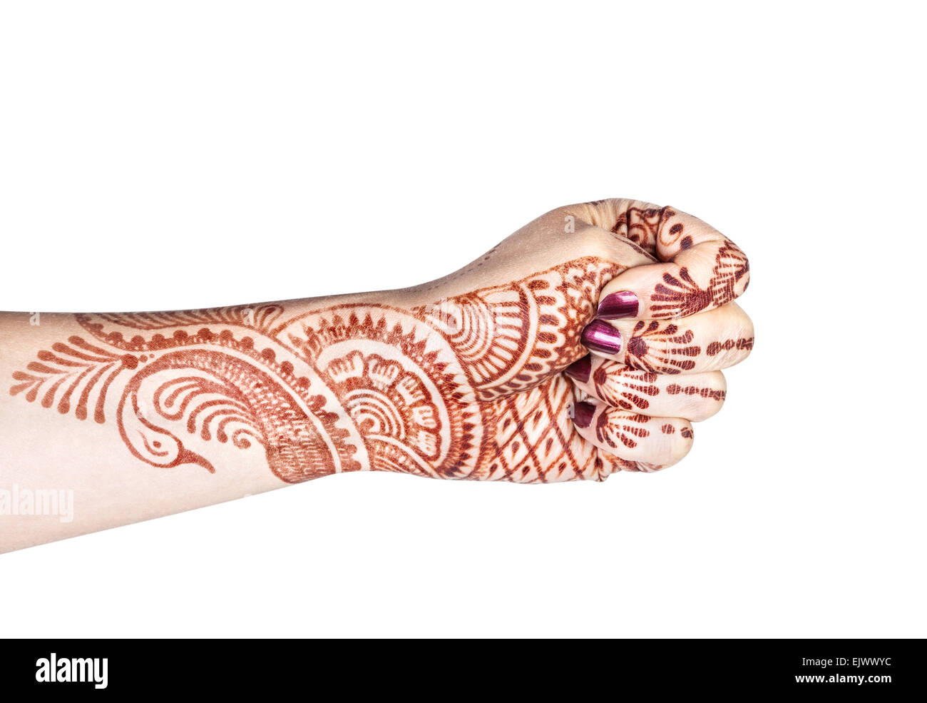 Frau Hand mit Henna Adi Mudra isoliert auf weißem Hintergrund mit Beschneidungspfad zu tun Stockfoto