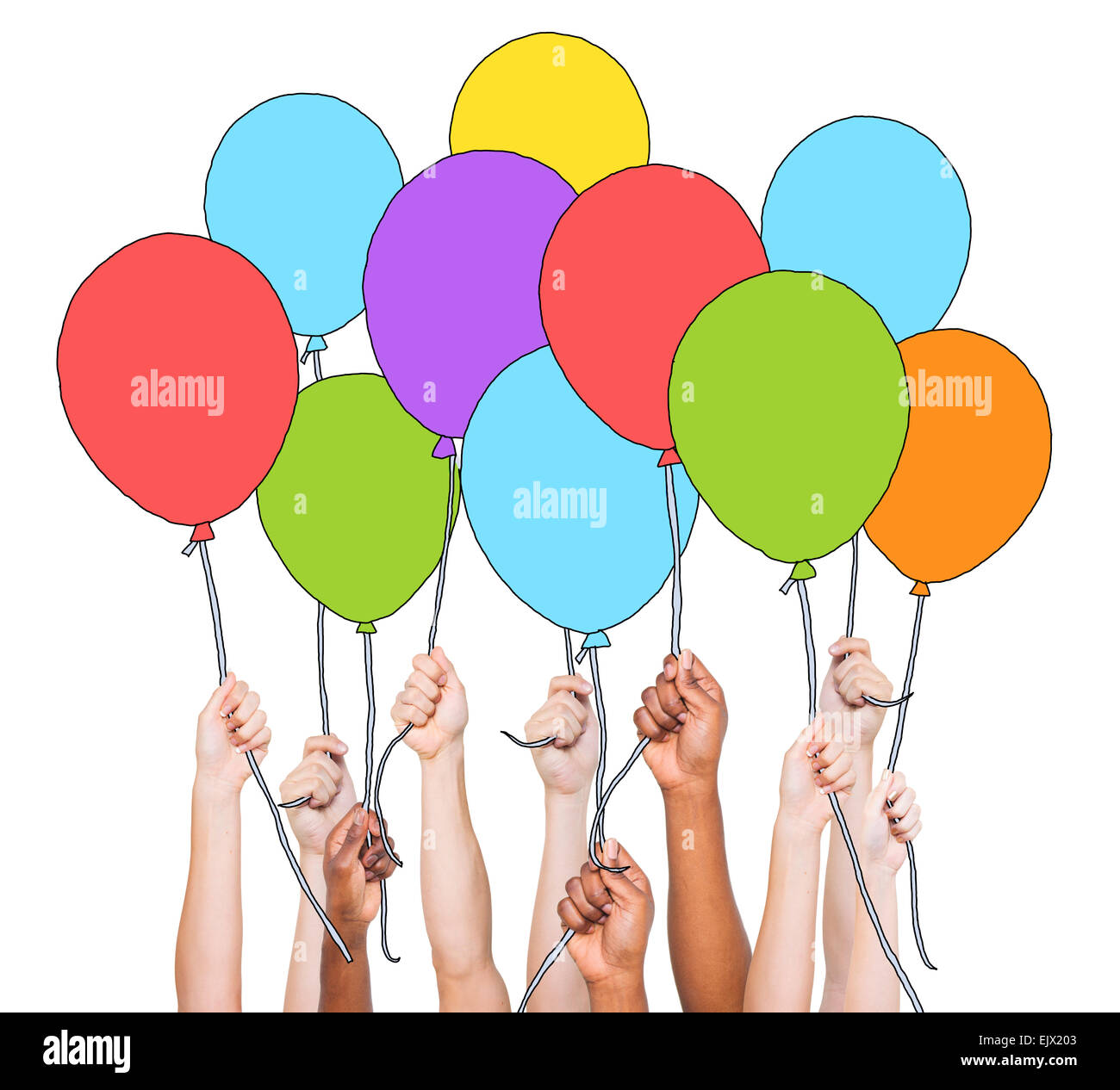 Multi-ethnischen Gruppe von Händen mit Ballons Stockfoto