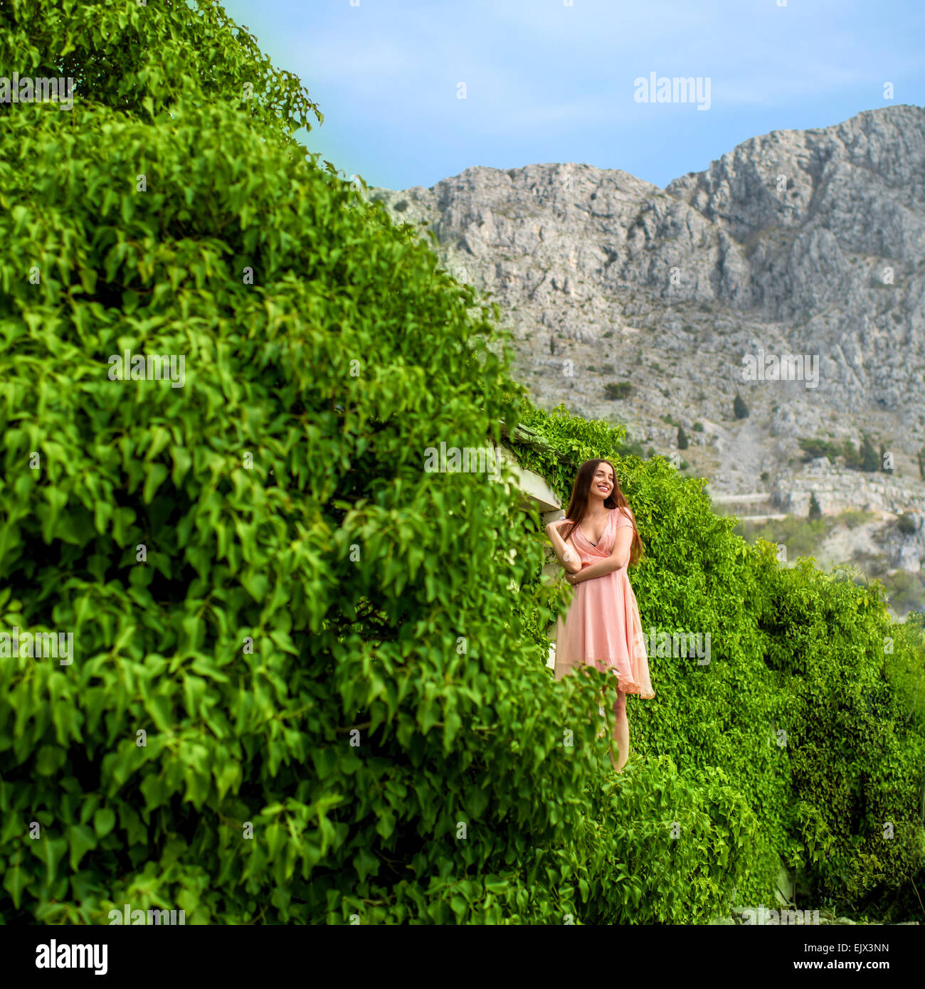 Frau, die in grünen Pflanzen in den Bergen Stockfoto