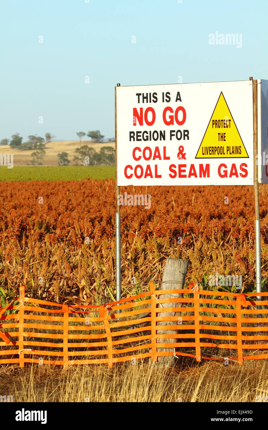 Anti-Minen Zeichen Breeza Station, Breeza, NSW, Australien. No Go für Kohle und Kohlenflöz Gas Bergbau. Stockfoto