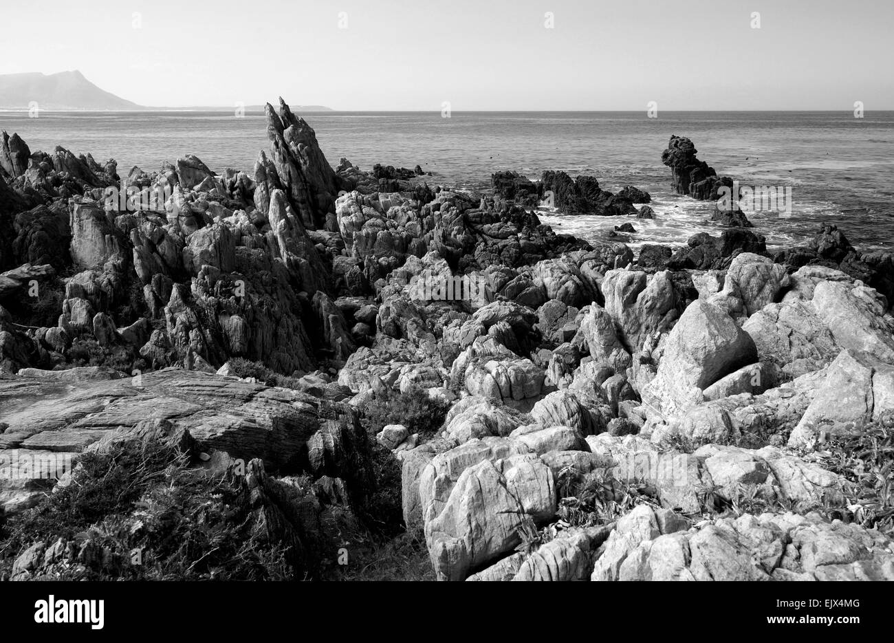 Schwarz / weiß Foto von der Felsküste bei Kleinmond, einer kleinen Küstenstadt in der Overberg Region Südafrika. Stockfoto