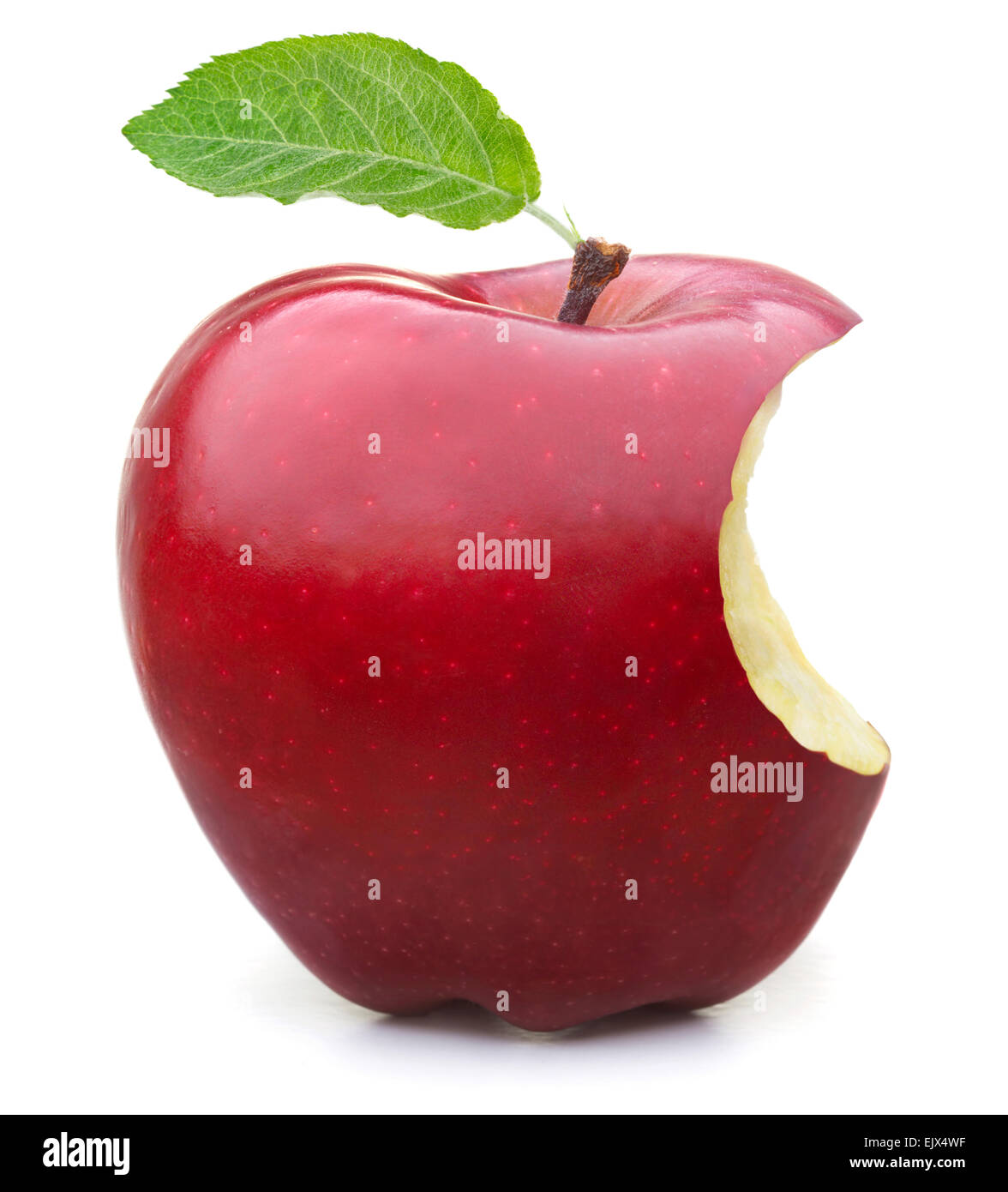 Roter Apfel, fehlende Biss auf weißem Hintergrund Stockfoto