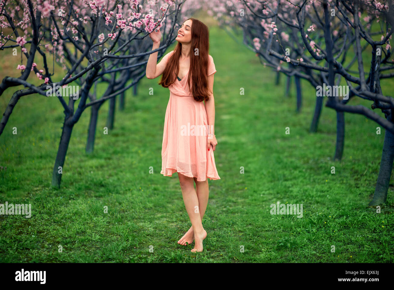 Frau genießen Frühling in der grünen Wiese mit blühenden Bäumen Stockfoto