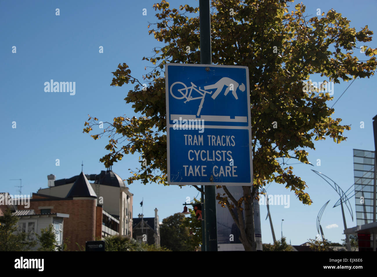 Radfahren, Warnzeichen in Christchurch, Neuseeland Stockfoto