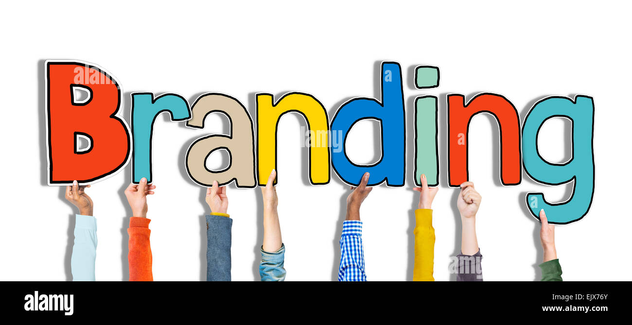 Diverse Hände halten das Wort Branding Stockfoto