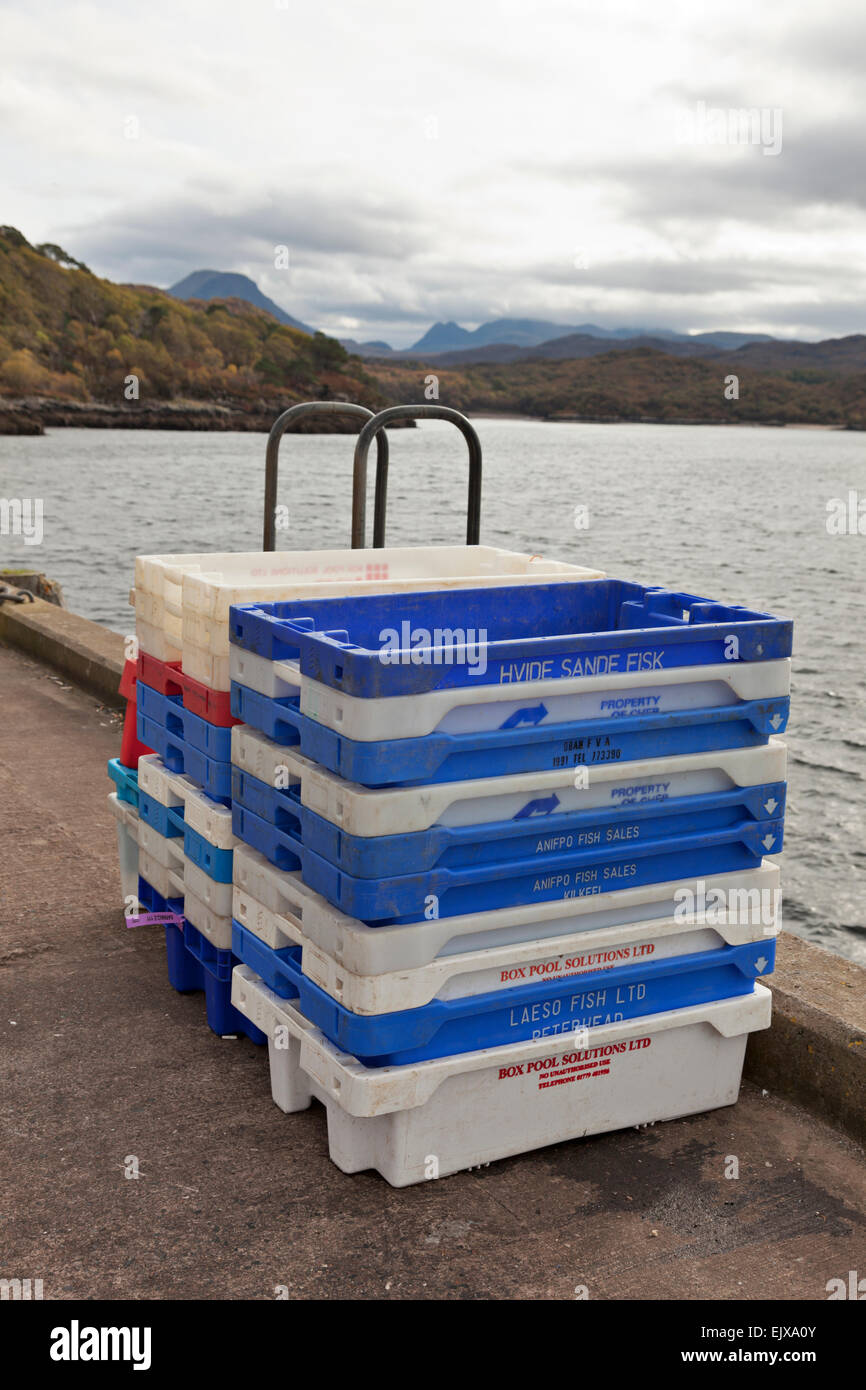 Aufbewahrungsboxen für Fisch Krabben, Hummer und andere fangen von der Fischerei-Industrie in Schottland Stockfoto