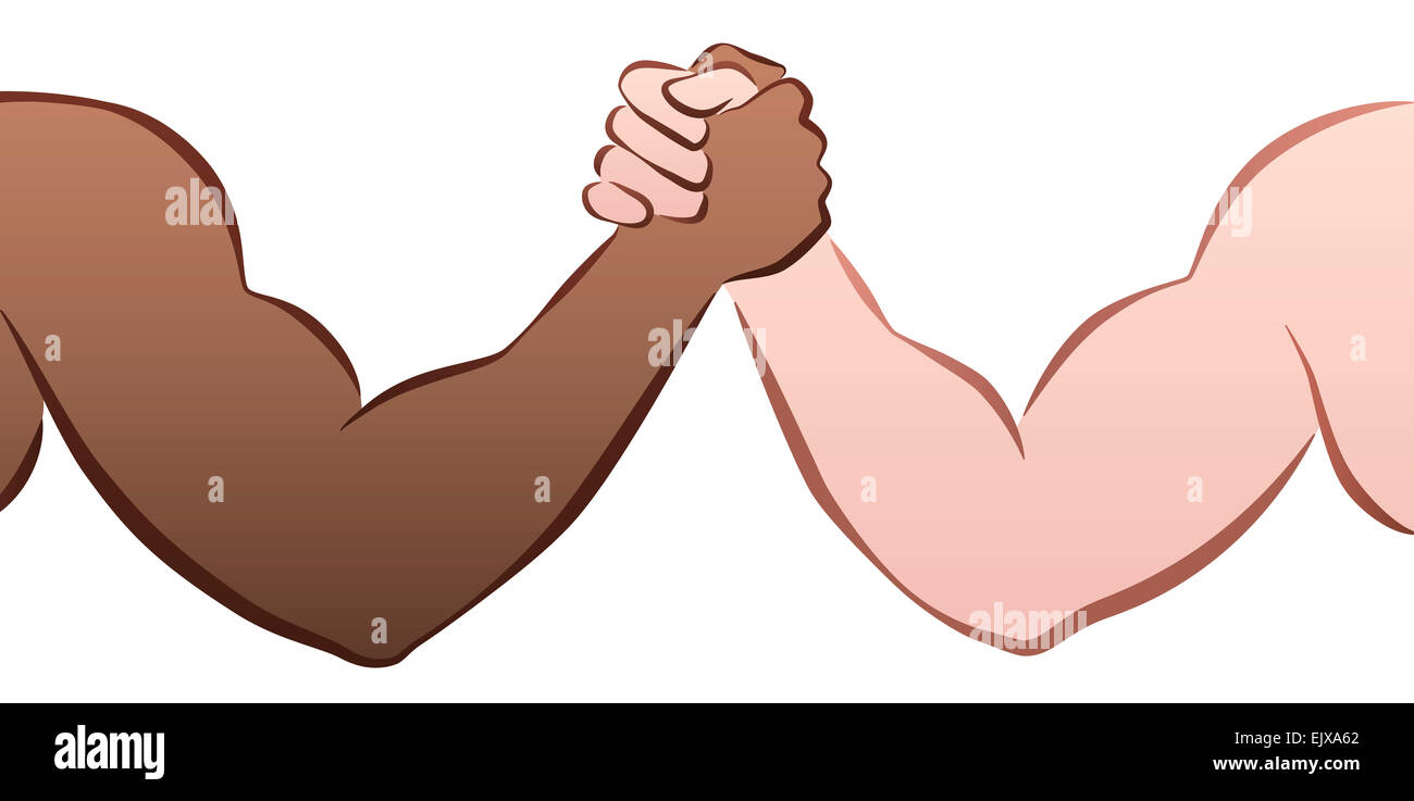 Interracial Armdrücken Wettbewerb zwischen einem schwarzen und einem kaukasischen Mann. Abbildung auf weißem Hintergrund. Stockfoto