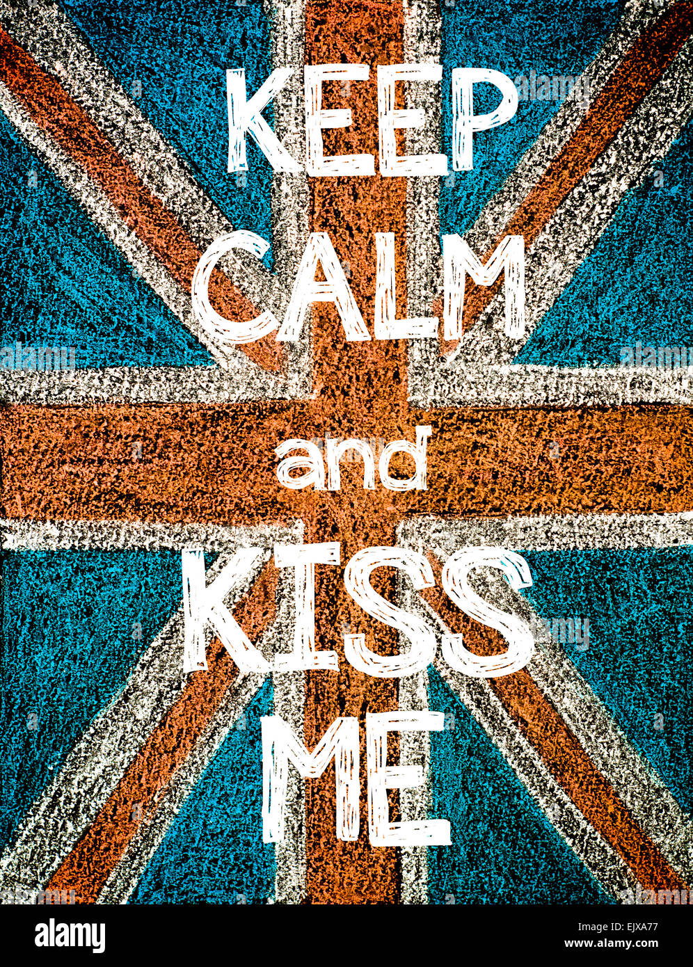 Halten Sie Ruhe und Kiss me Vereinigten Königreichs (British Union Jack) kennzeichnen, Vintage Handzeichnung mit Kreide auf Tafel, Humor Konzept Bild Stockfoto