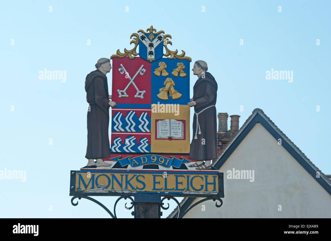 Mönche Eleigh Vilage Zeichen, Suffolk, Stockfoto