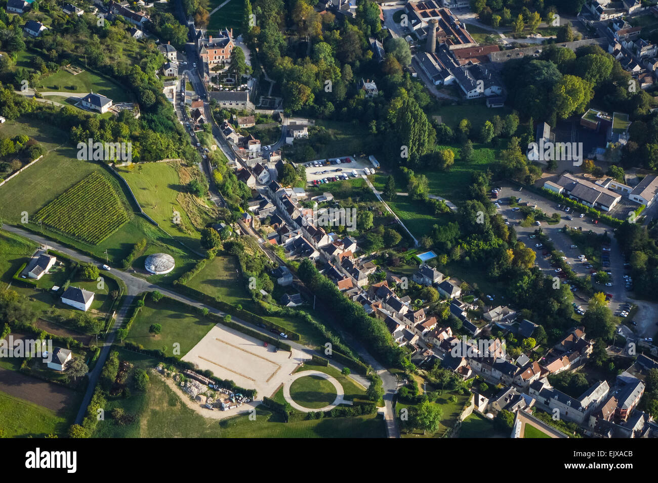 Amboise Stadt und das königliche Schloss aus der Luft einschließlich Chateau Clos Luce Stockfoto
