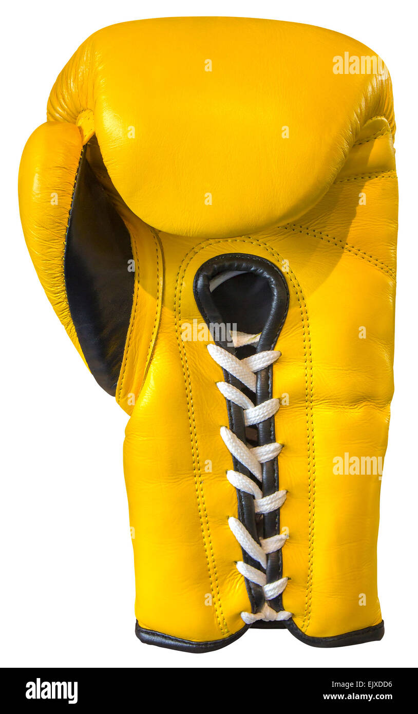 Gelbe Boxhandschuh isoliert auf weißem Hintergrund mit Beschneidungspfad Stockfoto