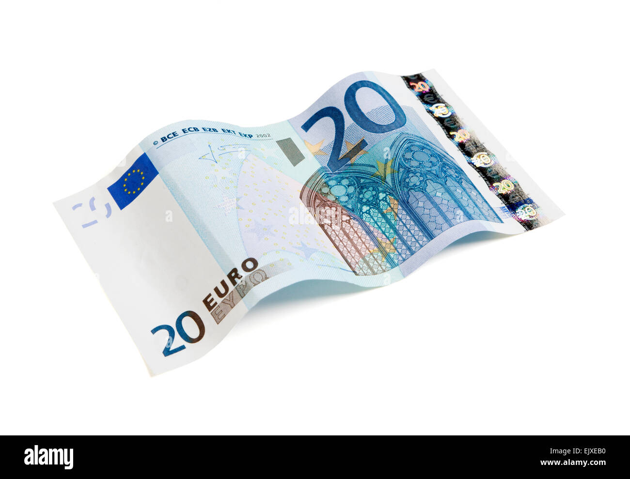 20 Euro-Schein in Wellenform auf weißem Hintergrund isoliert mit Beschneidungspfad Stockfoto