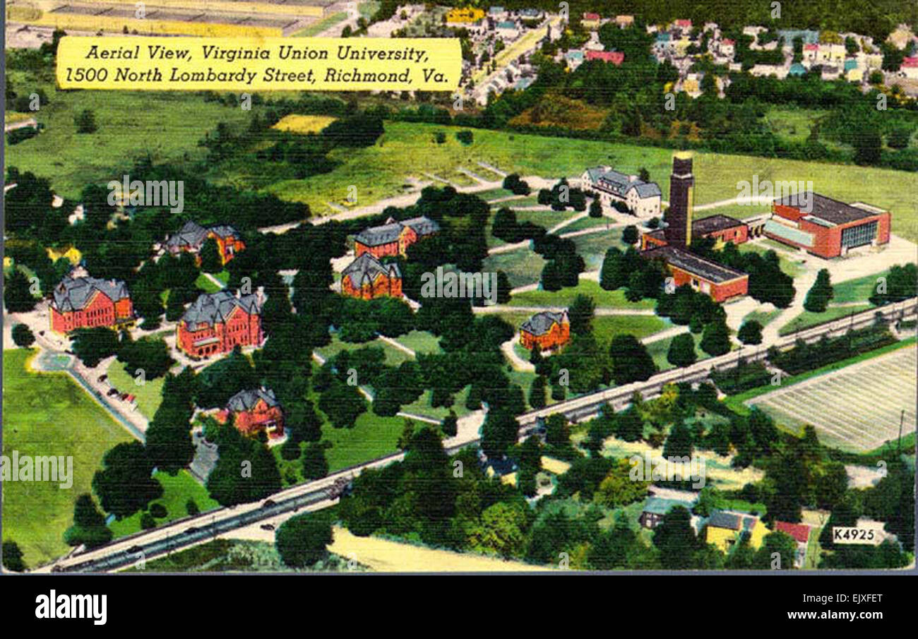 Dieses Luftbild zeigt die Virginia Union University in Richmond, Virginia und bietet einen Blick aus der Vogelperspektive auf den Campus und die Umgebung. Das Bild spiegelt das Wachstum der Universität und die Entwicklung von Richmond im frühen 20. Jahrhundert wider und zeigt die soziale und kulturelle Atmosphäre der damaligen Zeit. Stockfoto