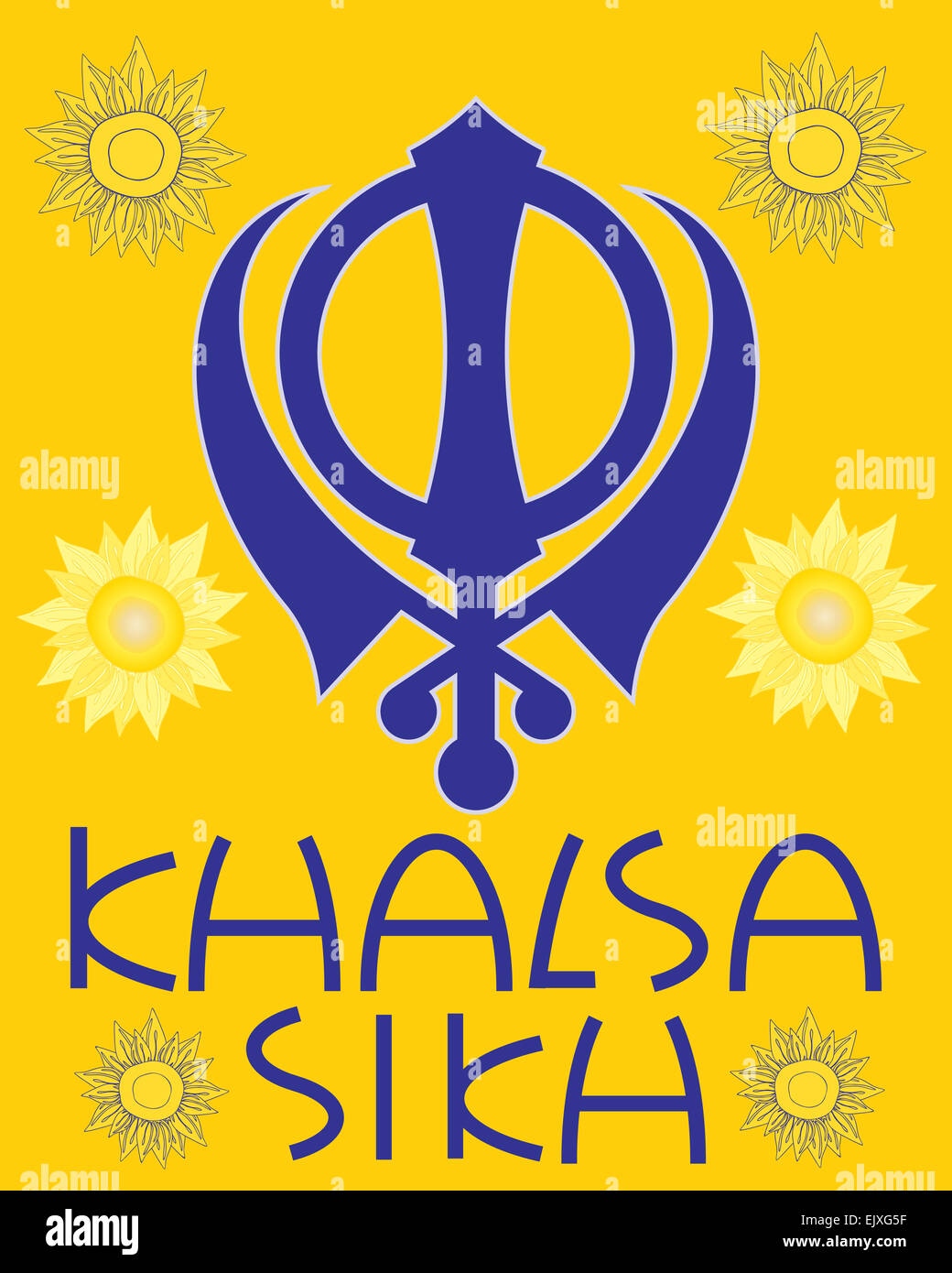 ein Beispiel für ein Sikh Grusskarte mit militärischen Emblem Sonnenblumen und die Worte Khalsa Sikh in blau Stockfoto