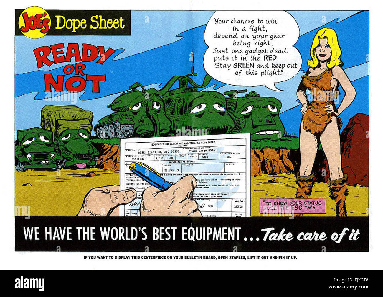 Joe’s Dope Sheet, ein von will Eisner geschaffener Militärkomic, wurde während des Zweiten Weltkriegs in Militärpublikationen verwendet. Diese Ausgabe aus dem Jahr 1970 zeigt den fortgesetzten Gebrauch von Eisners Charakter Joe Dope, um Soldaten über vorbeugende Wartung zu unterrichten. Stockfoto