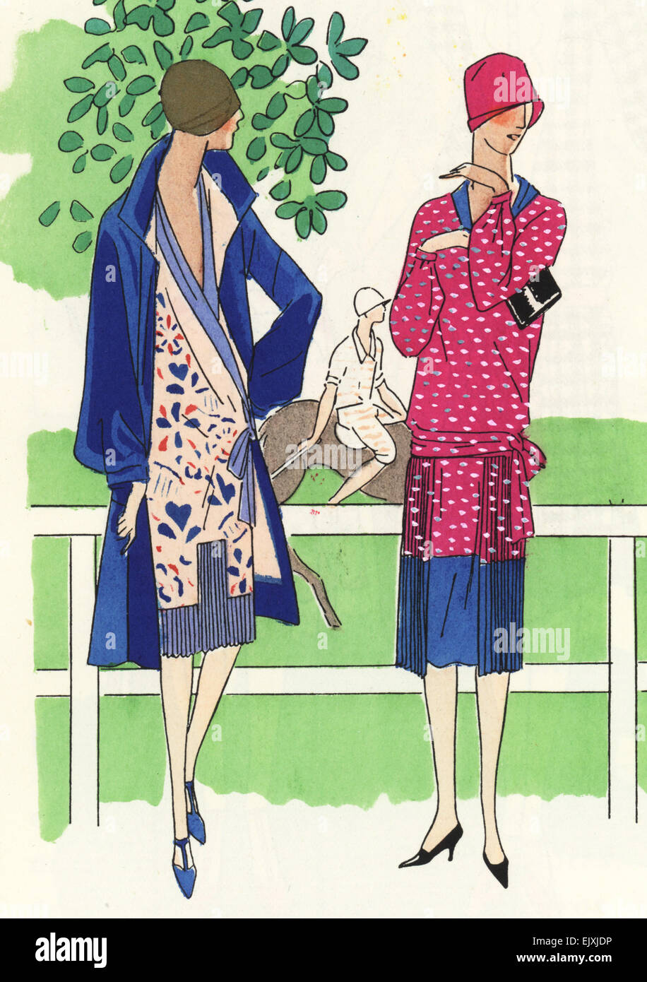 Frauen am Nachmittag Kleider bei einem Polospiel, 1920er Jahre. Eine in Musselin-Anzug, und die andere in bedruckten Crêpe De Chine, 1926. Stockfoto