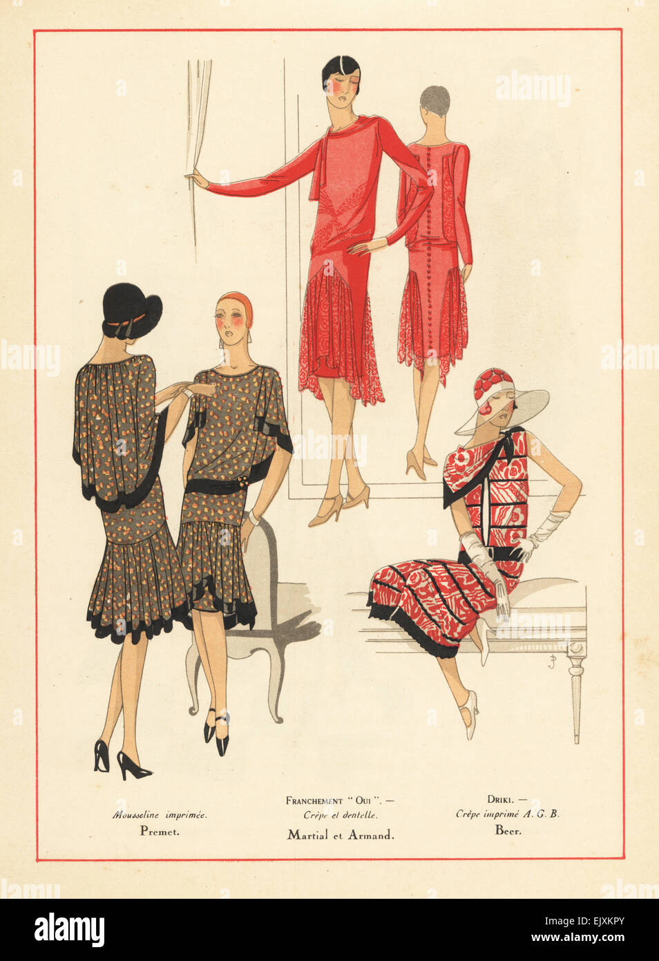 Frauen am Nachmittag Kleider von gedruckten Musselin, Krepp und Spitzen und bedruckten Crêpe, 1928. Stockfoto