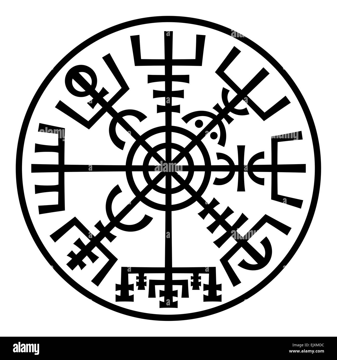«Vegvisir». Der magische Navigation Kompass der Wikinger. Runen aus mittelalterlichen isländischen Manuskript-Buch. Talisman für gute Reise. Stockfoto