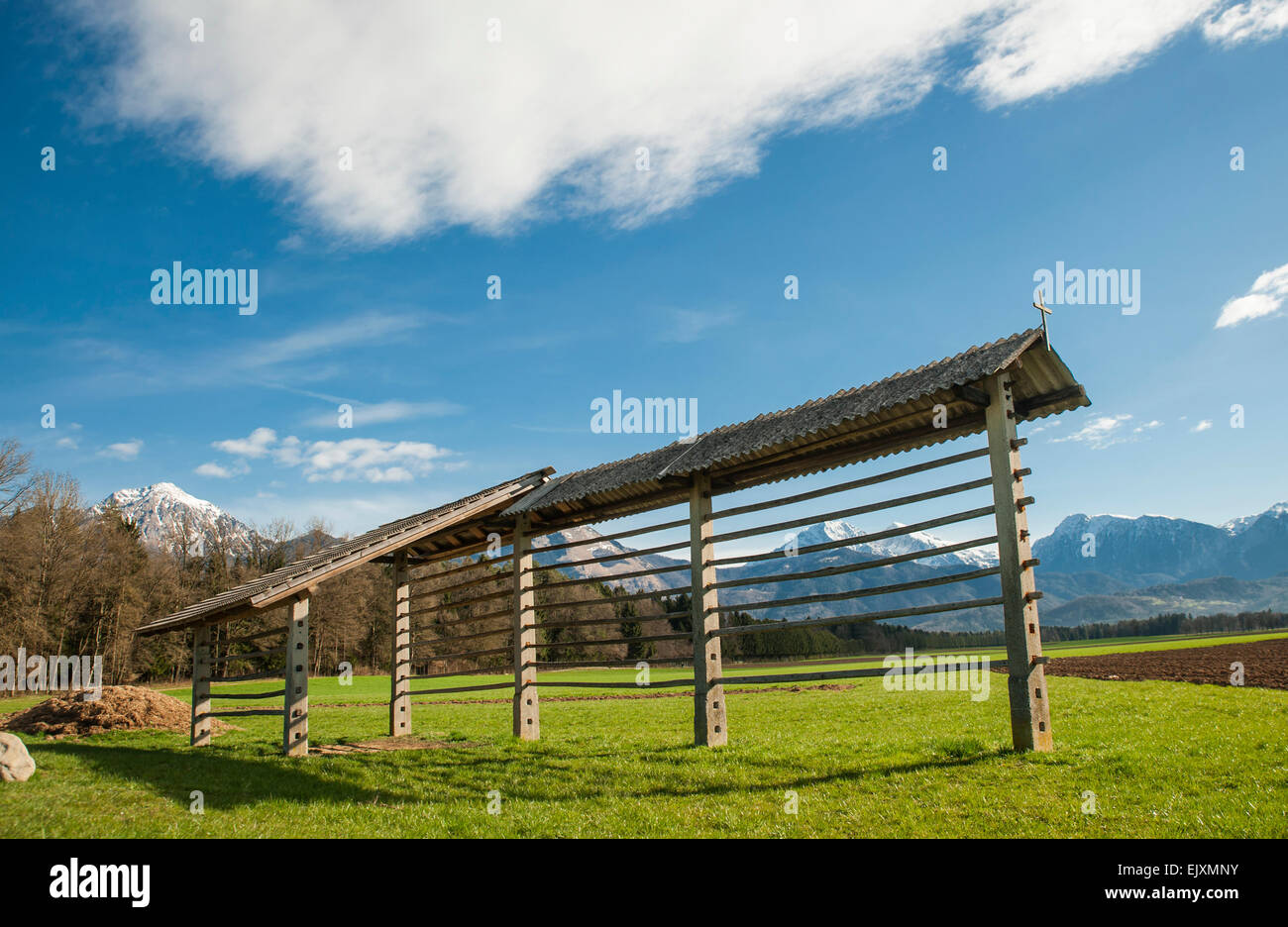 Heuraufe auf Wiese in der Region Gorenjska, Slowenien Stockfoto