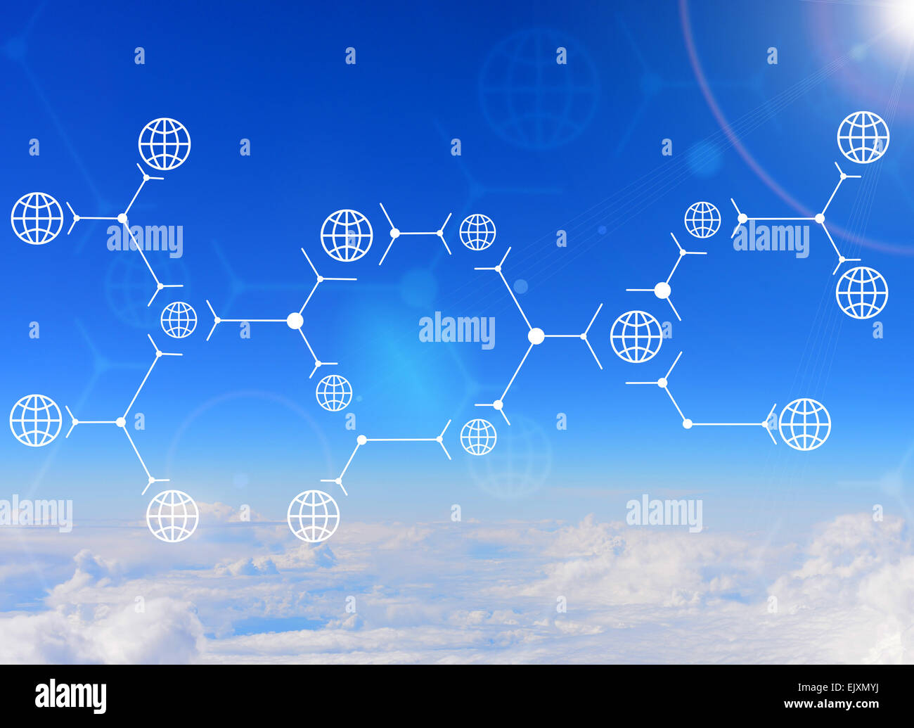 Abstrakte Komposition aus weißen Linien und Kugeln am Himmelshintergrund Stockfoto