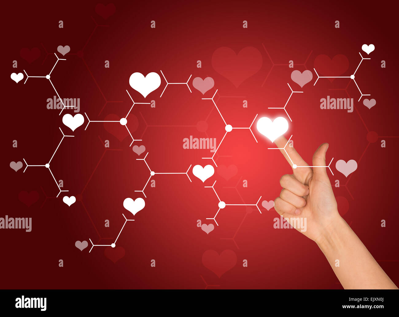 Zeigefinger drückt auf weißen Herzschild. Anschluss-Konzept Stockfoto