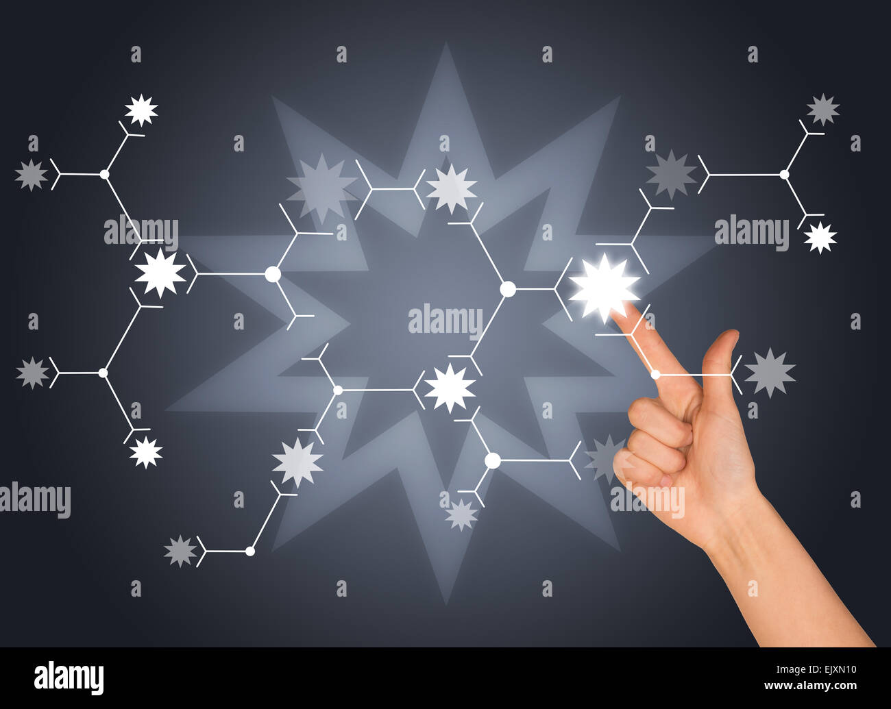 Zeigefinger drückt auf weißer Stern. Anschluss-Konzept Stockfoto