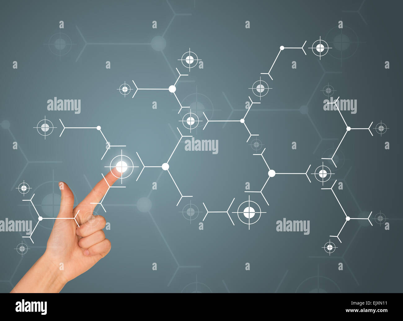 Zeigefinger drückt auf den weißen Blick. Anschluss-Konzept Stockfoto