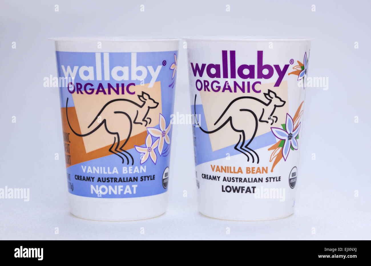 Nonfat und fettarmer Joghurt-Container von der gleichen Marke, Wallaby. Stockfoto