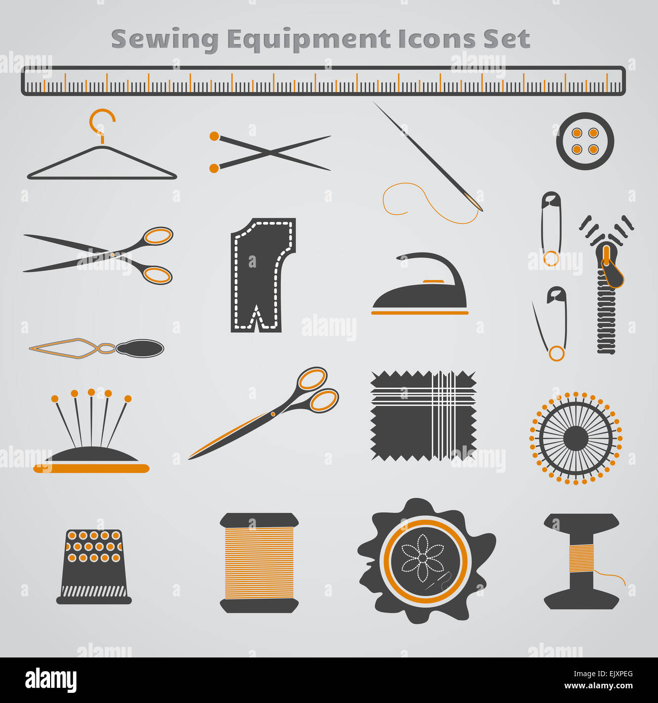 Set von dunklen grau, schwarz und gelb Nähen Icons. Stockfoto