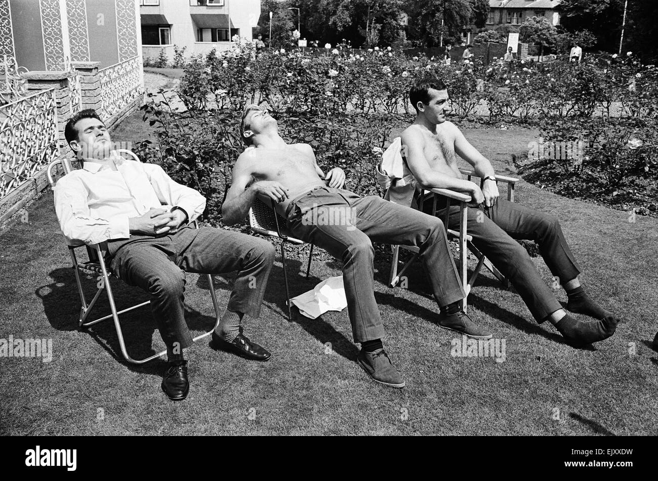 1966-Weltmeisterschaft England Mannschaft an ihrer Basis in Hendon, wo sie im Verlauf des Turniers blieben.  Zum Sonnenbaden. Stockfoto