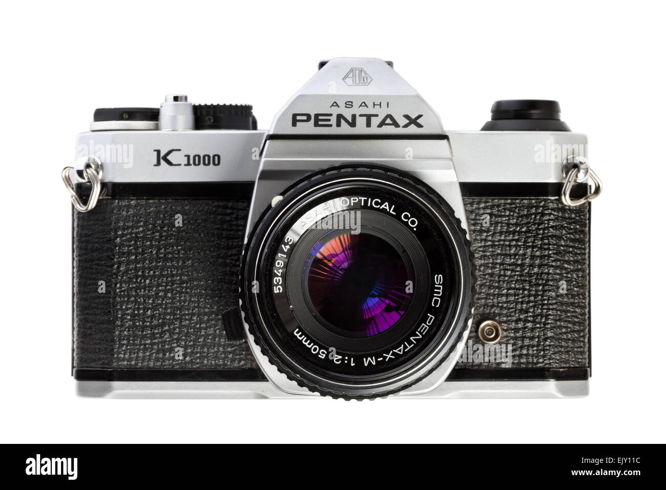 Vintage Ende 1970 Asahi Pentax K1000 35mm SLR-Kamera mit Pentax-M 50mm f/2 SMC Objektiv film. Stockfoto