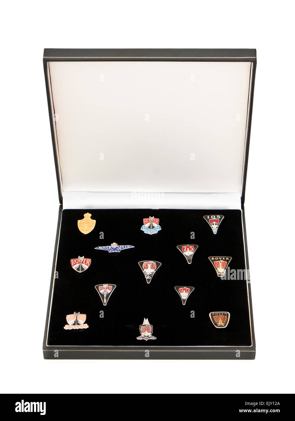Präsentation von Rover Emaille Abzeichen (DPM034) festgelegt. Der Rover Company ist eine ehemalige britische Auto Produktionsunternehmen. Stockfoto