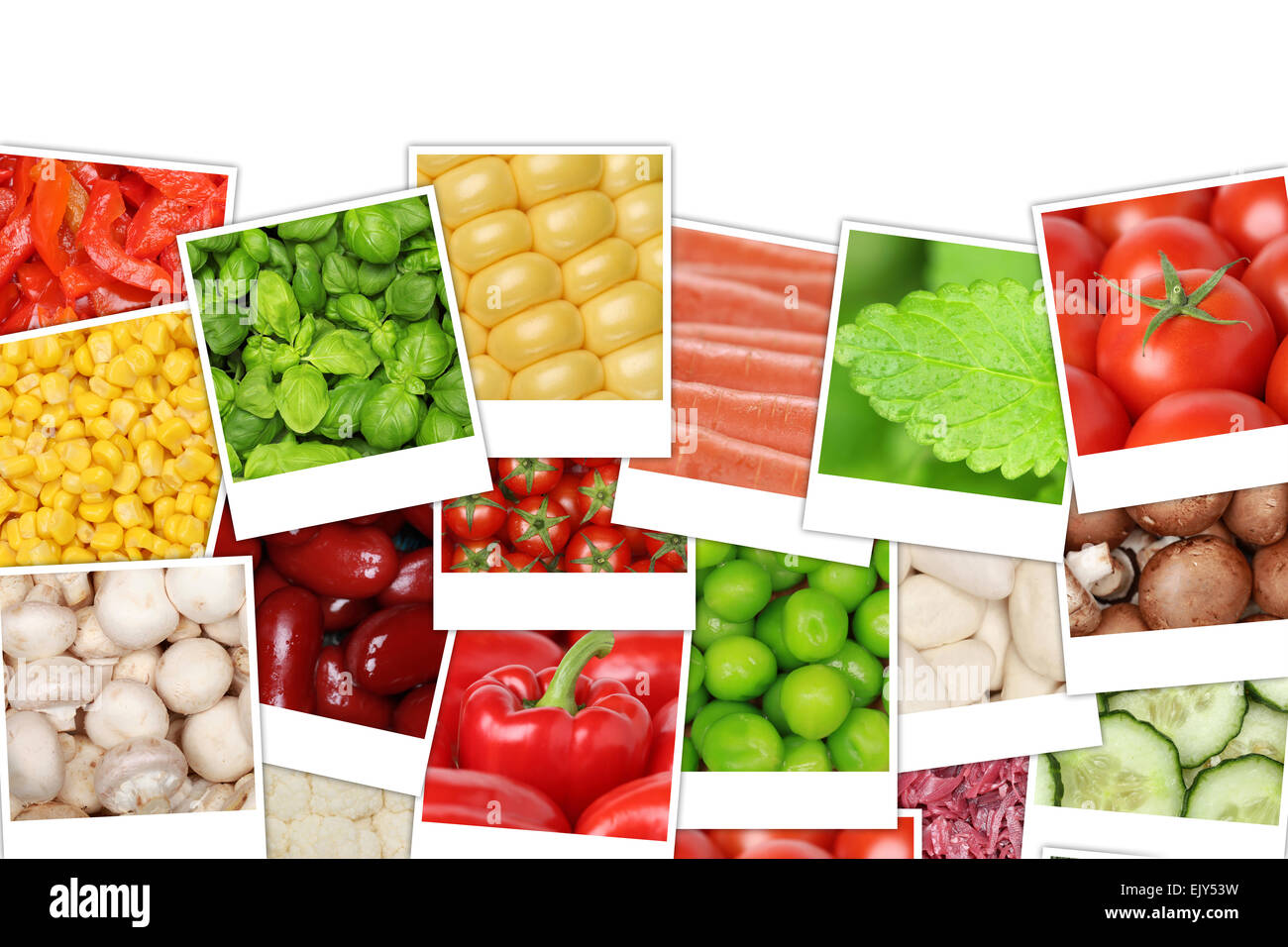 Gemüse-Hintergrund mit Tomaten, Paprika, Salat, Kartoffeln, Bohnen und Gurken mit Exemplar Stockfoto