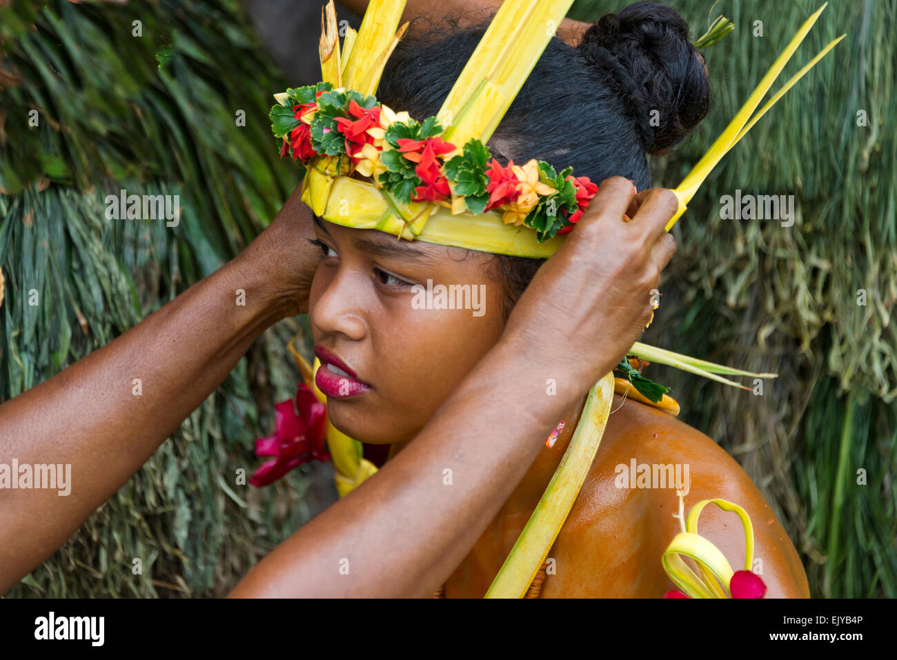 Yapesen Vorbereitung auf Yap Day Festival, Insel Yap, Föderierte Staaten von Mikronesien Stockfoto