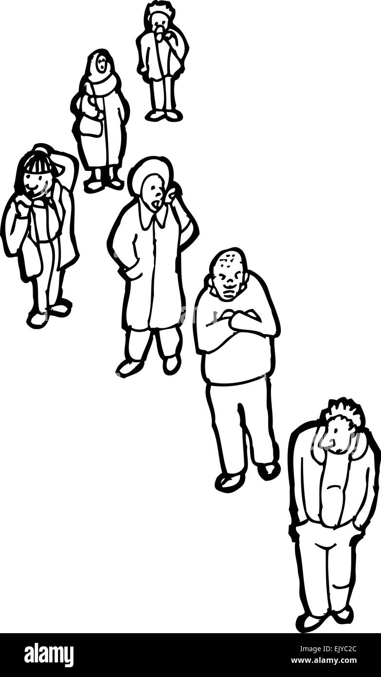 Skizzierte Darstellung der Gruppe von sechs Erwachsenen in der Schlange Stockfoto