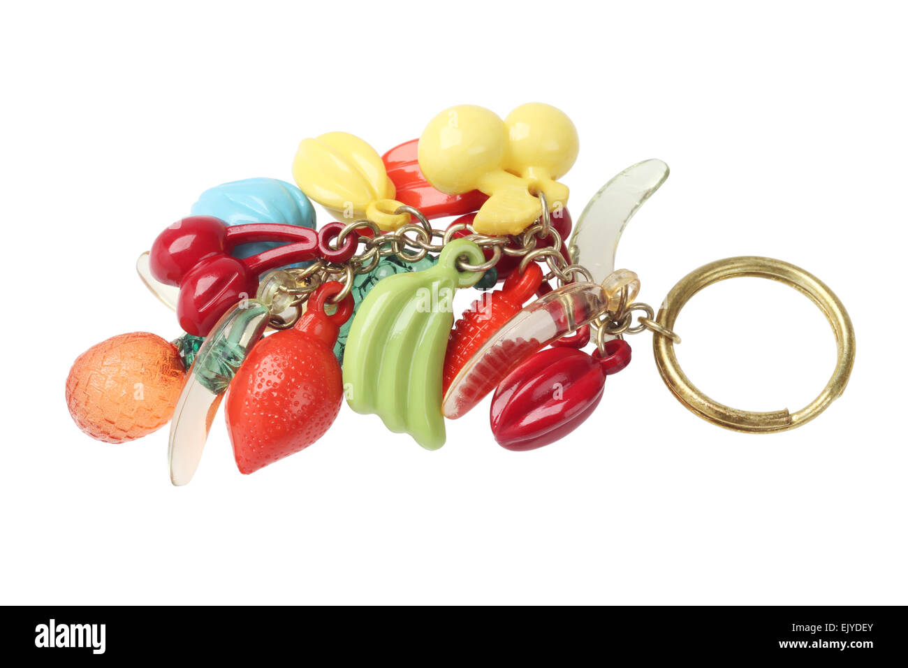 Schlüsselanhänger mit Kunststoff Obst Schmuckstück auf weißem Hintergrund Stockfoto