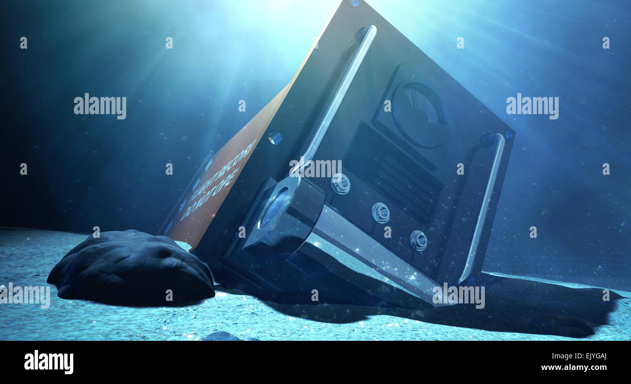 Eine regelmäßige Luftfahrt Flight Recorder Blackbox lackiert in orange Unterwasser ruhen auf dem Meeresgrund Stockfoto