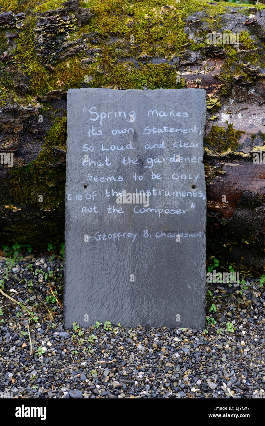 schwarzer Schiefer Zitat Frühling macht seine eigene Aussage Geoffrey B. Charlesworth Jagd Brook Gärten Wicklow Gärtner RM Floral Stockfoto