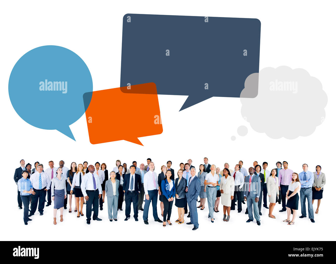 Multiethnische Gruppe von Geschäftsleuten mit Sprechblasen Stockfoto