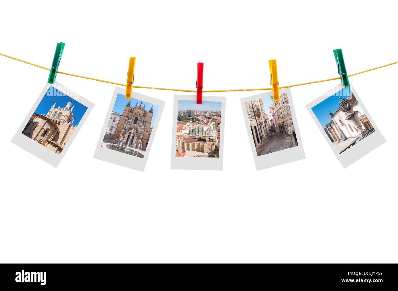 Fünf Fotos von Coimbra auf Wäscheleine isoliert auf weißem Hintergrund mit Beschneidungspfad Stockfoto