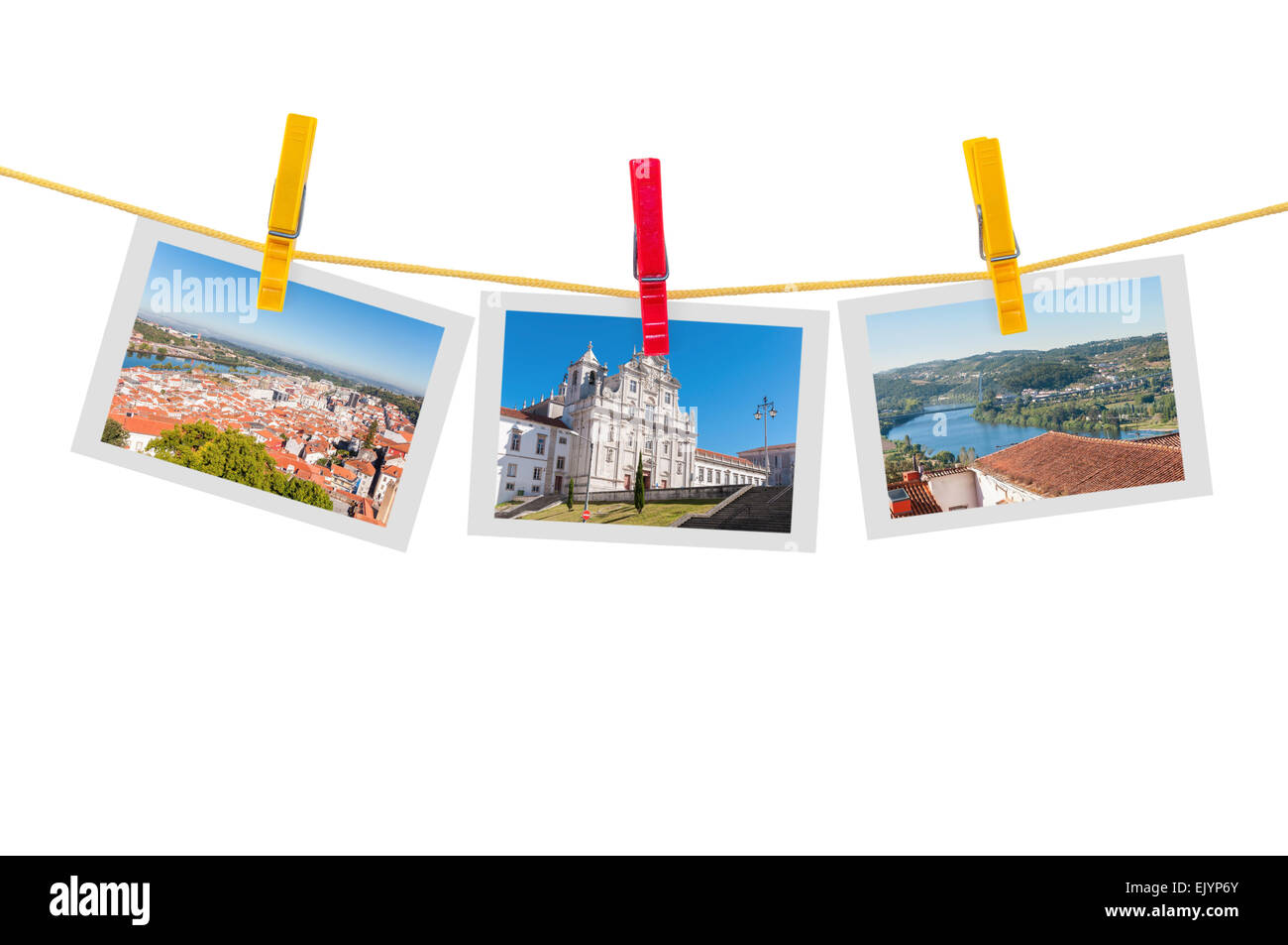 Drei Fotos von Coimbra auf Wäscheleine isoliert auf weißem Hintergrund mit Beschneidungspfad Stockfoto