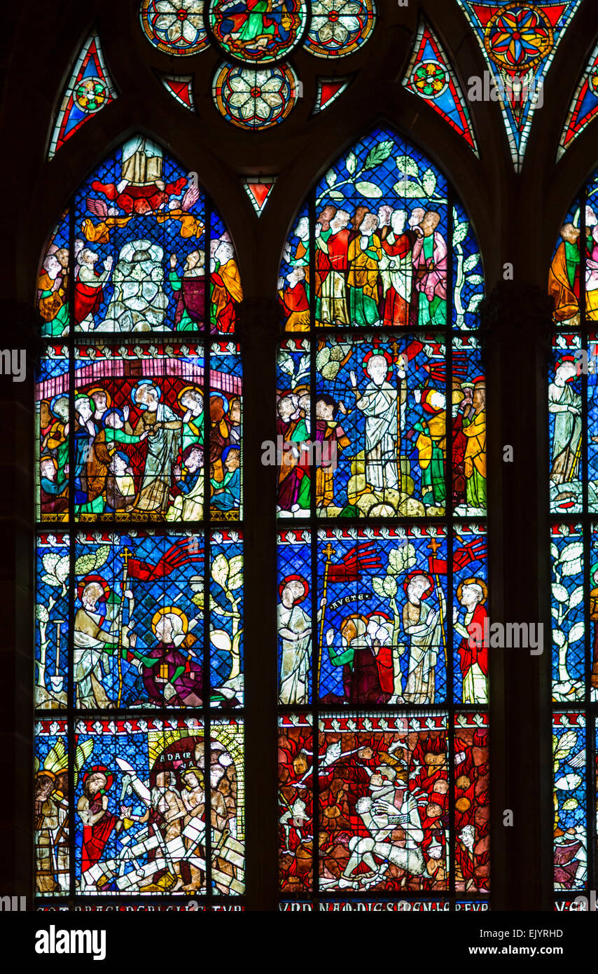 Glasfenster in der Notre Dame Kathedrale von Straßburg, Frankreich Stockfoto