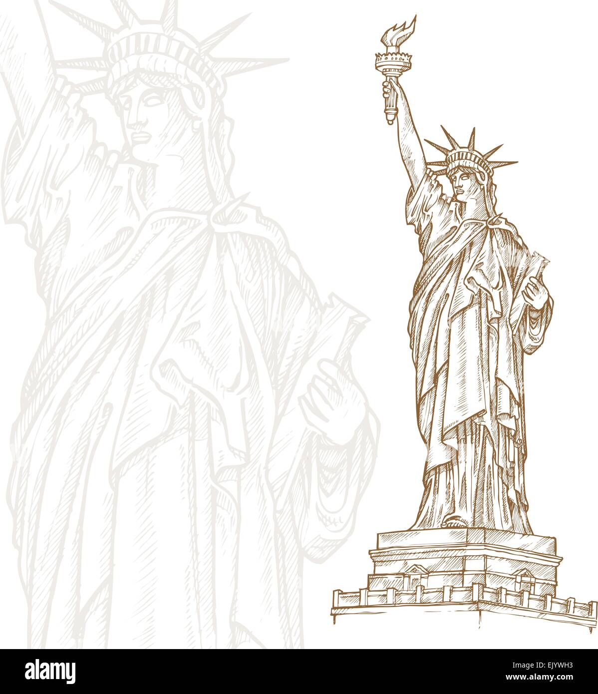 Freiheitsstatue Liberty Hand zeichnen auf weißem Hintergrund Stock Vektor