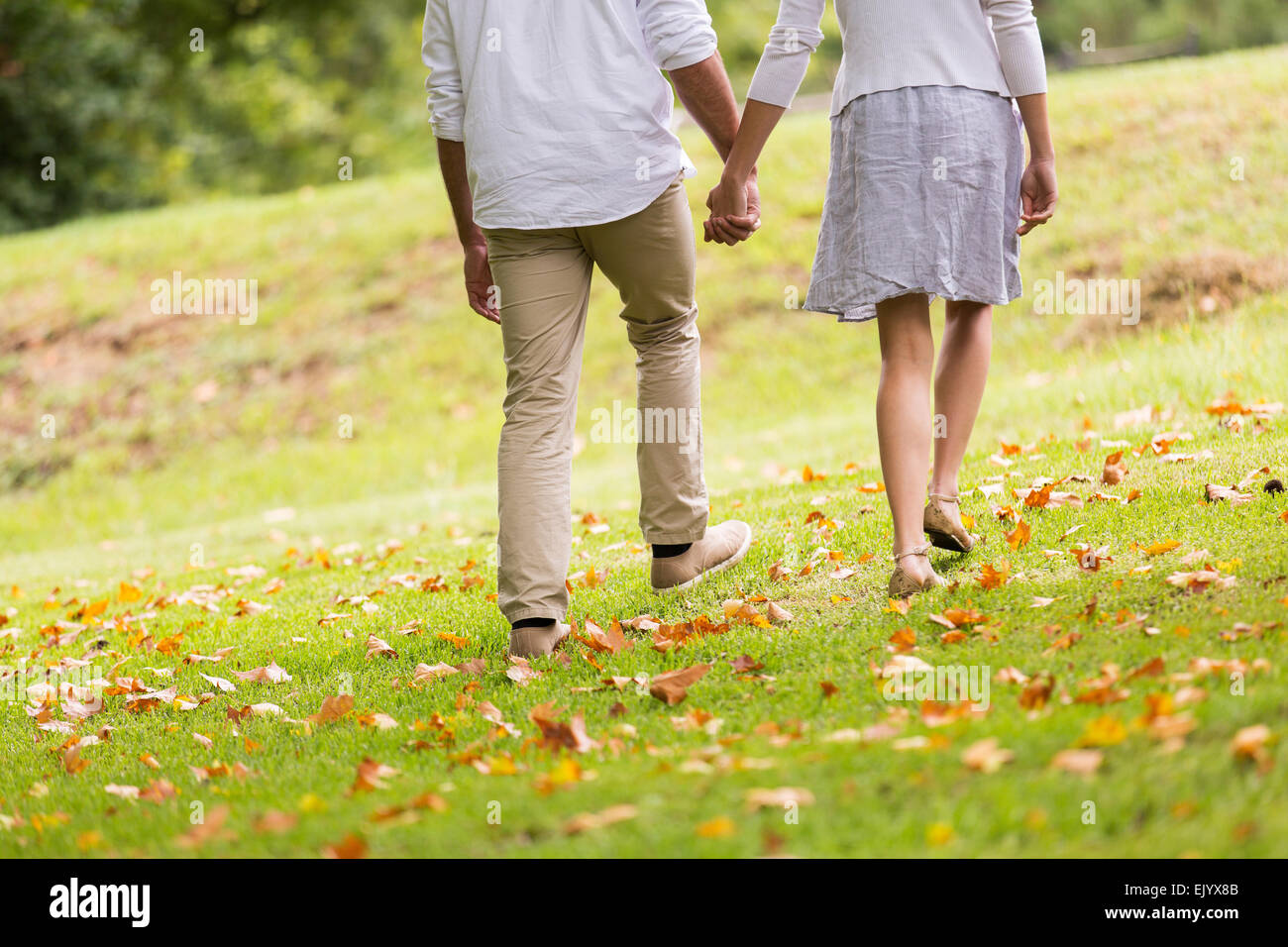 Rückansicht des junges Paar Hand in Hand spazieren im park Stockfoto