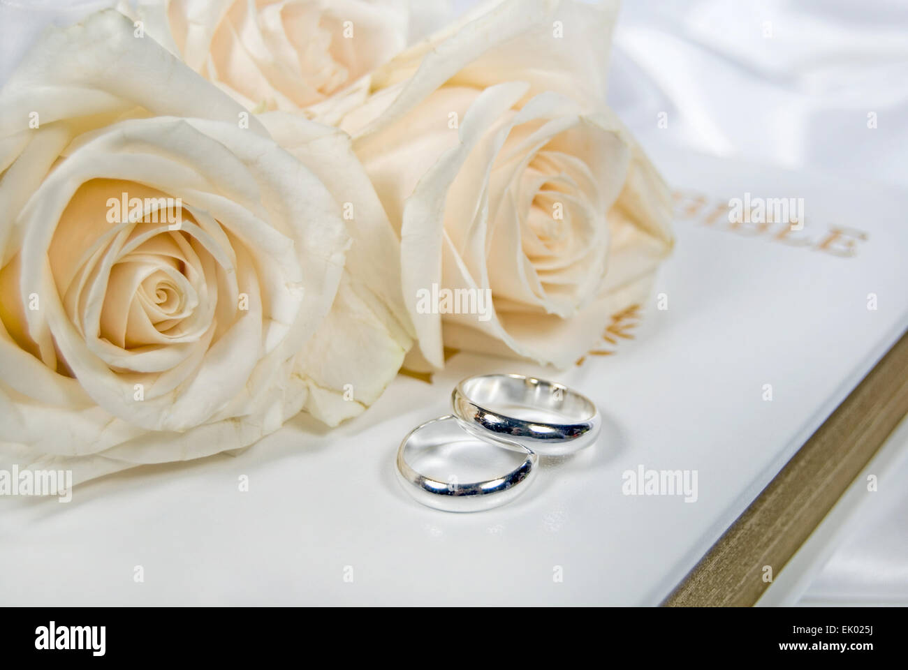 Silber Trauringe auf weiße Bibel mit Rosen Brautstrauß. Stockfoto