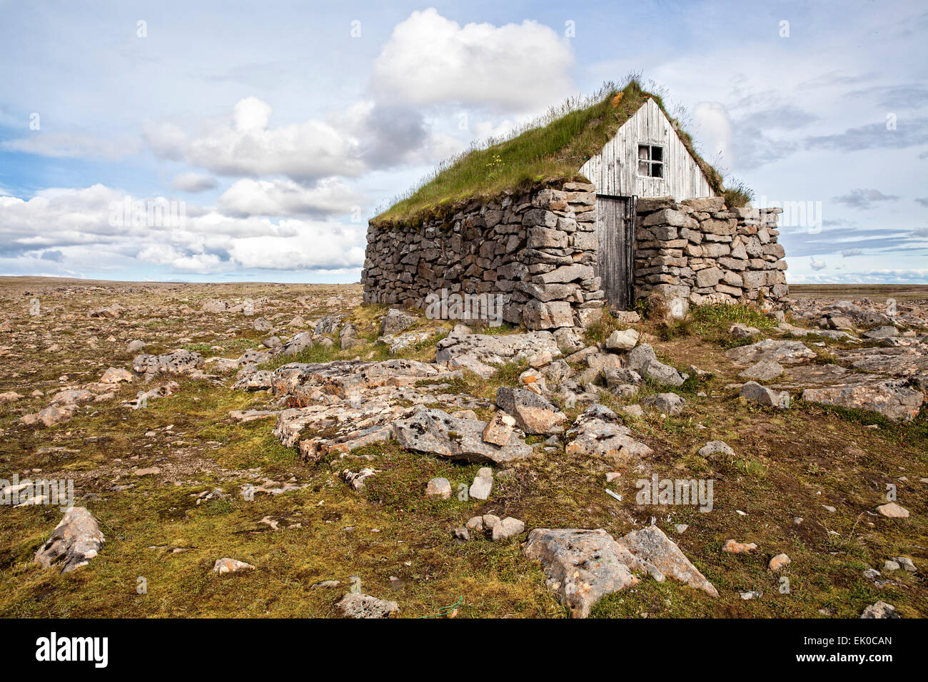 Blick auf einen Stein Rasen überdachten Haus Unterschlupf in den Westfjorden Islands. Stockfoto