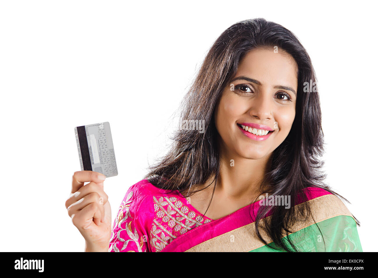 1 indische Dame mit Kreditkarte Stockfoto