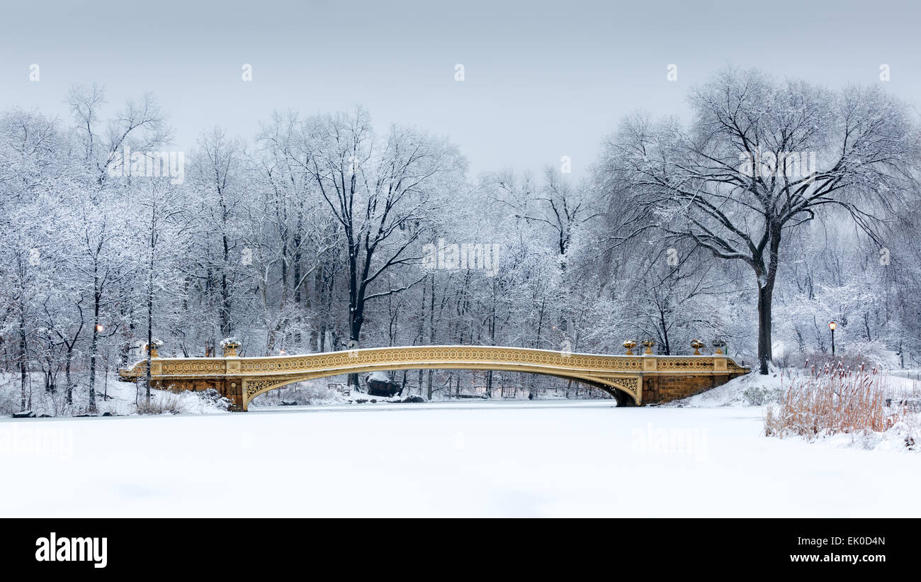 Verträumte Winterbild mit der Bogenbrücke vom Central Park, New York in der Morgendämmerung, nach einem Schneesturm Stockfoto