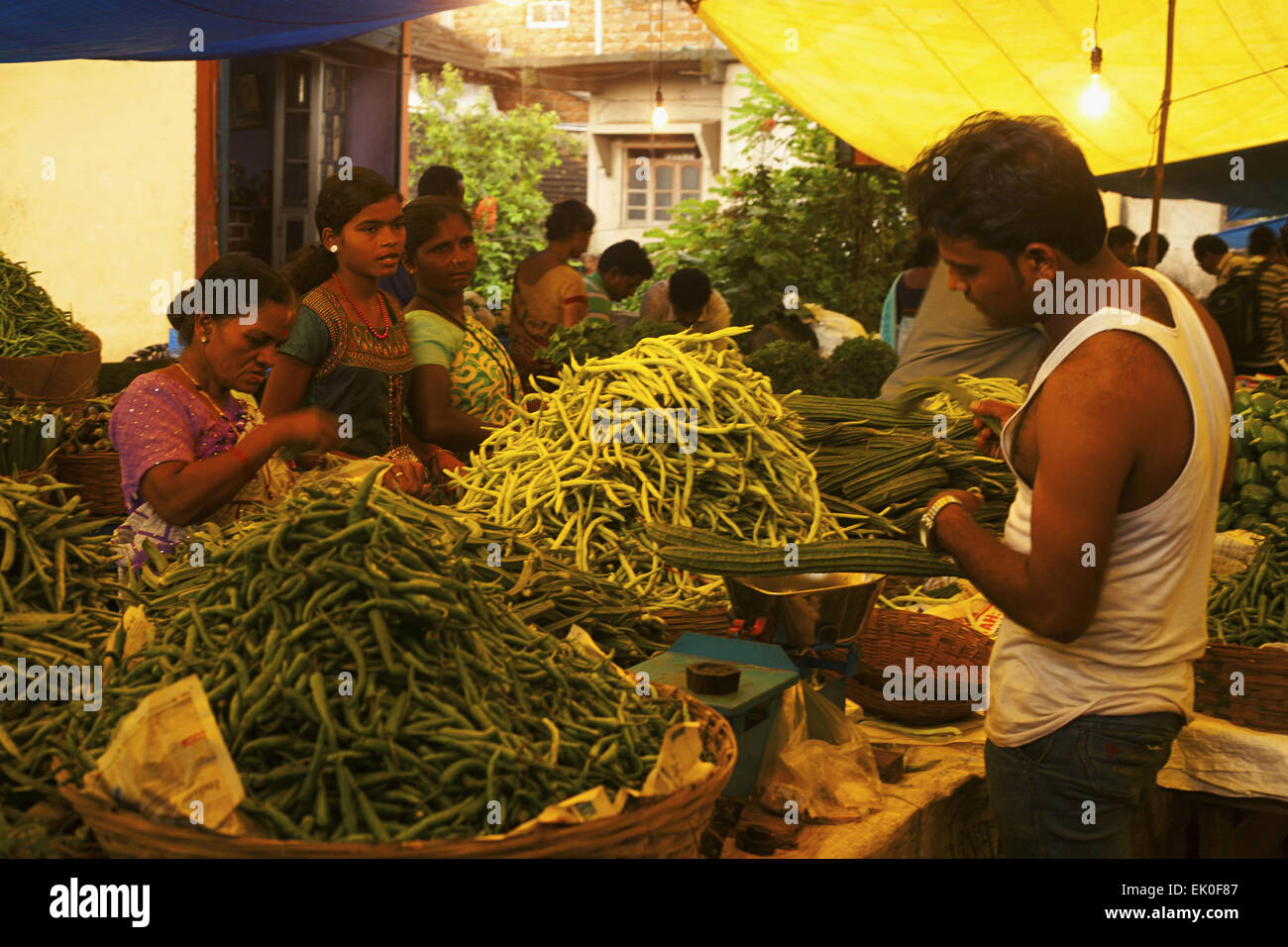 Pflanzliche Verkäufer, Banastari Markt, Nord-Goa, Indien Stockfoto