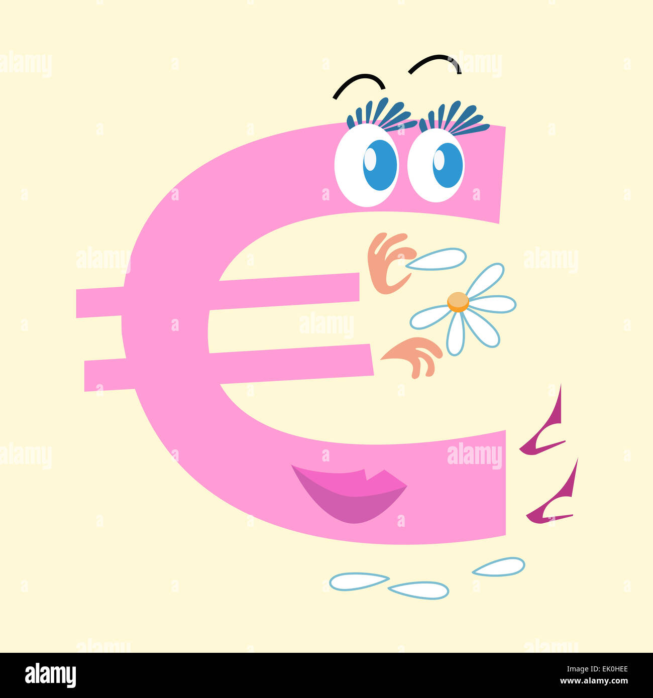 Die Euro-Zeichen ist die nationale Währung Europas. Der Charakter des Euro-Zeichens wundert auf Gänseblümchen Liebe ihn oder nicht. Geschäft Stockfoto
